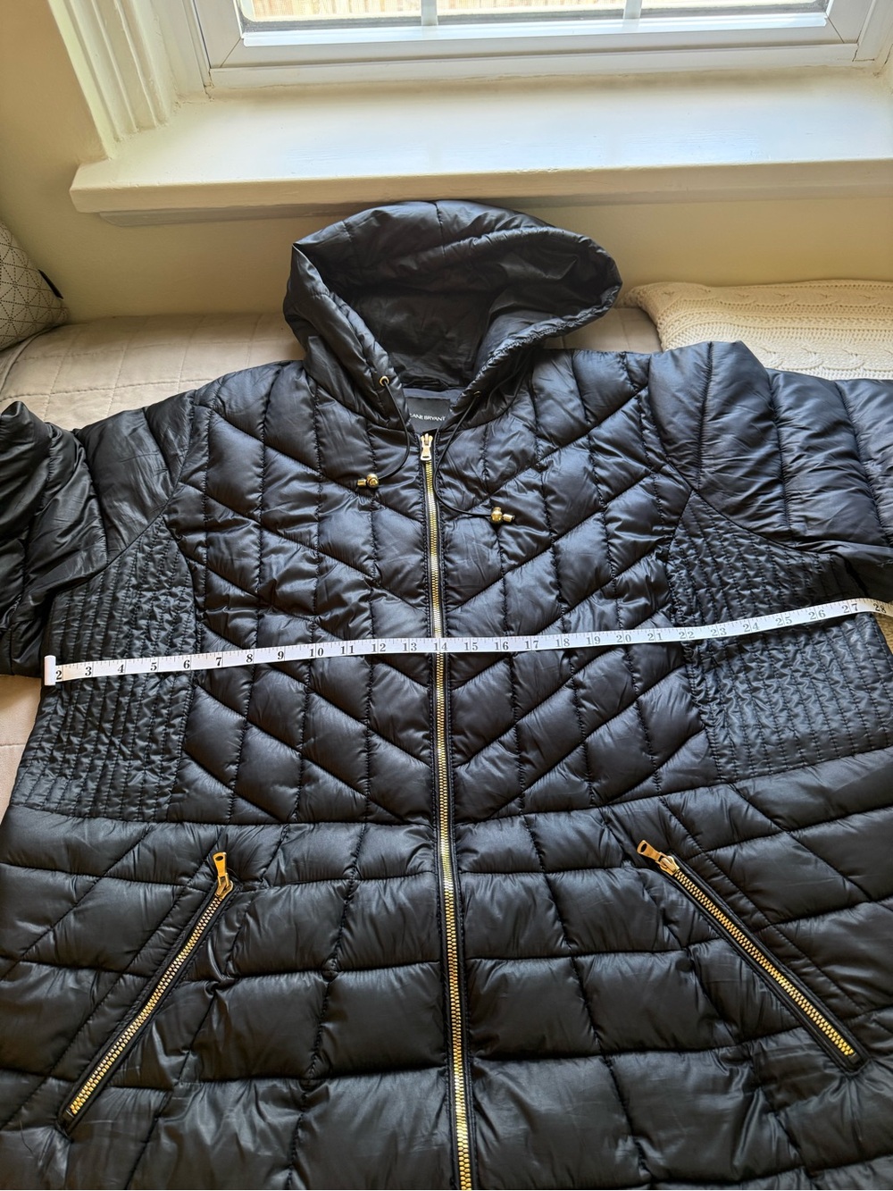Lane Bryant Black Quilted Hooded Puffer Coat with Gold Hardware - 26/28 - Picture 7 of 13